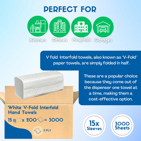 V Fold White Hand Towels Interfold 2ply (3000 Case)