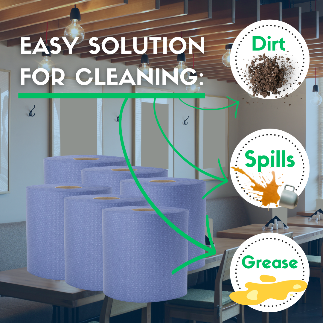 Graphic showcasing blue paper rolls cleaning up various spills including dirt, spills, and grease