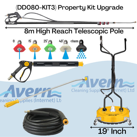 Kit upgrade with a hose, 5 nozzles, spray cannon, lance, surface cleaner and telescopic pole