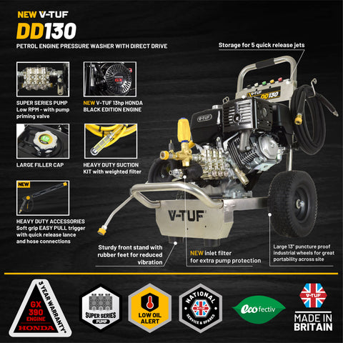 V-TUF DD130 13HP GX390QX Honda Petrol Cold Pressure Washer 300Bar (4350Psi) Patio Bundle