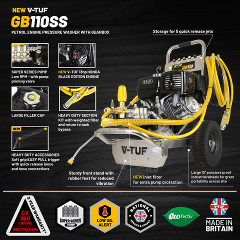 V-TUF GB110 13HP Honda GX390QX Petrol Cold Pressure Washer 200Bar (3000psi) 21L/Min