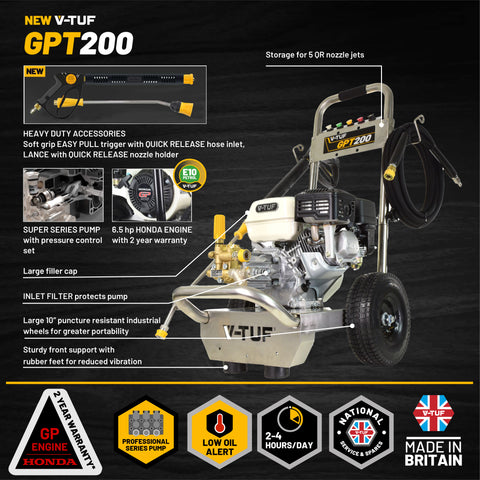 V-TUF GPT200 6.5HP Honda Cold Petrol Pressure Washer 190Bar (2755Psi) 12L/Min