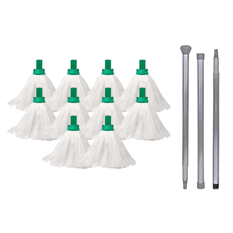 Floor Mop Set 10 x Mop Heads + Handle Large Big White 120g Socket Screw