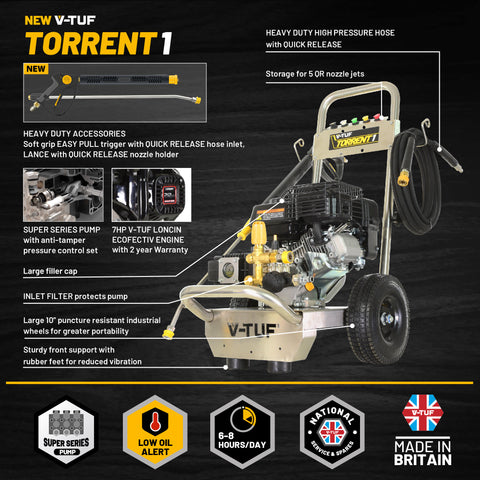 V-TUF TORRENT 1 7HP Cold Petrol Pressure Washer 190Bar (2755Psi) 13L/Min