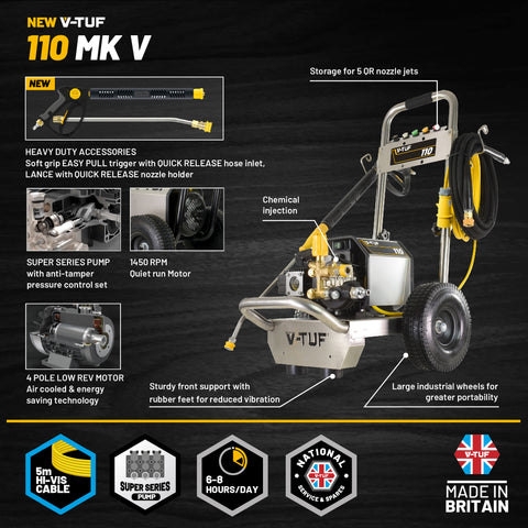 V-TUF VTUF110 Cold Pressure Washer 100Bar (1450psi) 12L/Min 110v