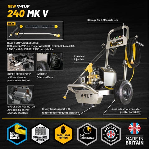 V-TUF VTUF240 Cold Pressure Washer 100Bar (1450psi) 12L/Min 240v