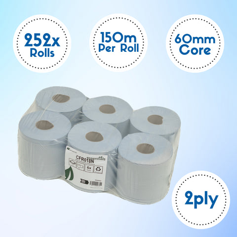 Blue Rolls CentreFeed 150m 2PLY Embossed Wholesale Half Pallet (42 cases)- CFR018