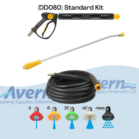 Kit includes a hose, 5 nozzles, spray cannon and lance