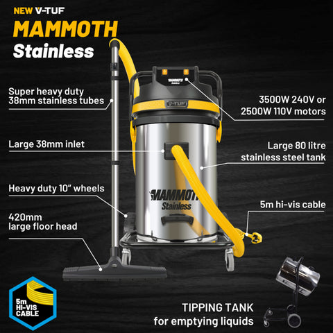 V-TUF MAMMOTH Bagless Wet & Dry Twin Motor Industrial Vacuum Cleaner 80L 3500W