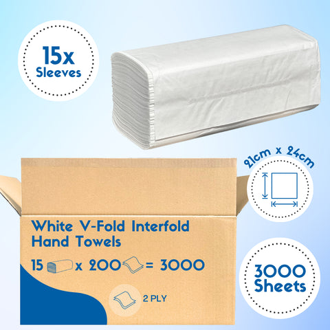 V Fold White Hand Towels Interfold 2ply (3000 Case)